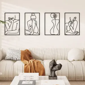 Black Wall Art Set 4, Black Metal Wall Decor Bedroom Wall Decor Modern Wall Decor Minimalist Wall Art 3D Abstract Single Line Art Wall Hanging Room Decor, Home Wall Sculptures Accent Decor for Living Room and Bath Room (18 X 12'')