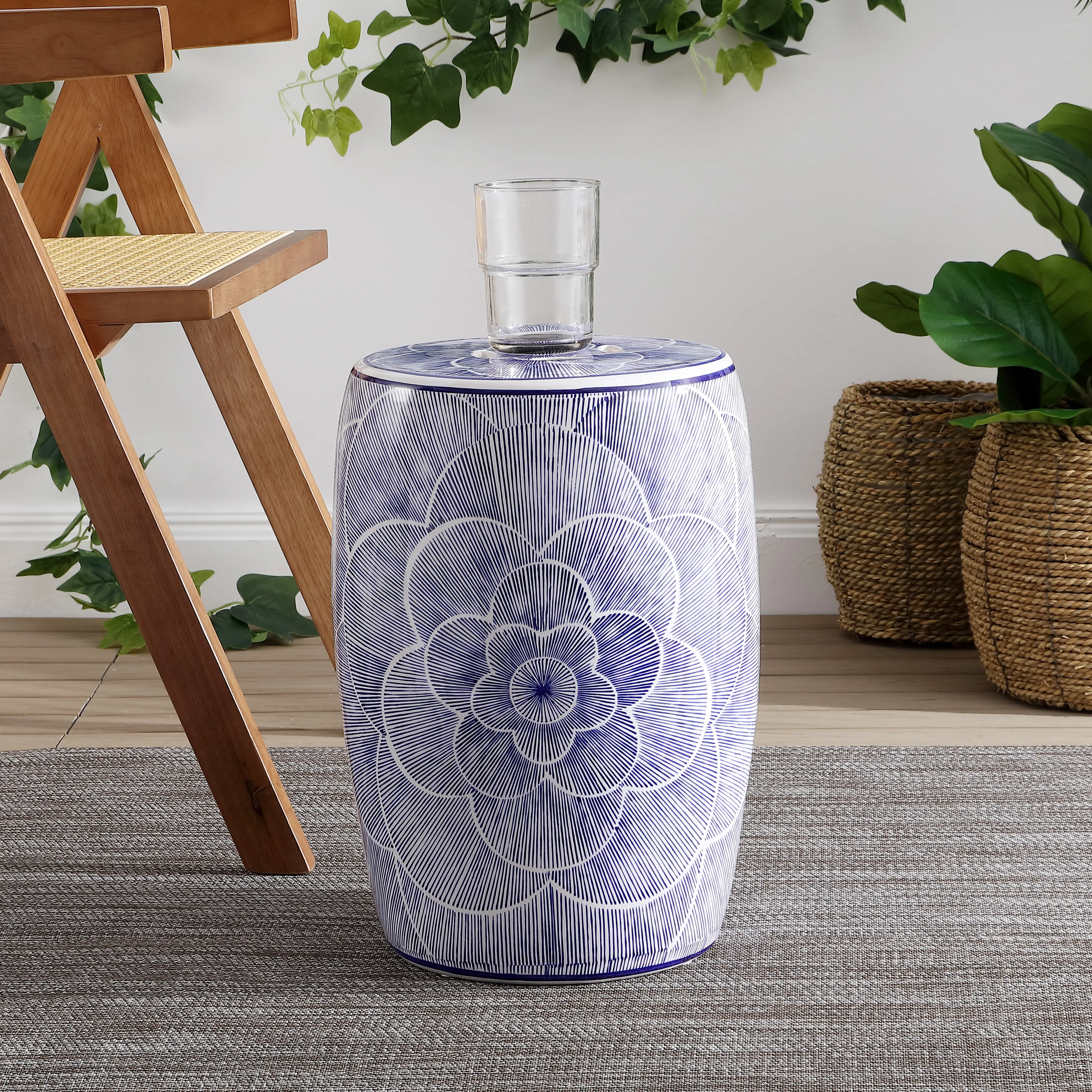 JONATHAN Y Camellia 17" Contemporary Ceramic Drum Garden Stool, Blue