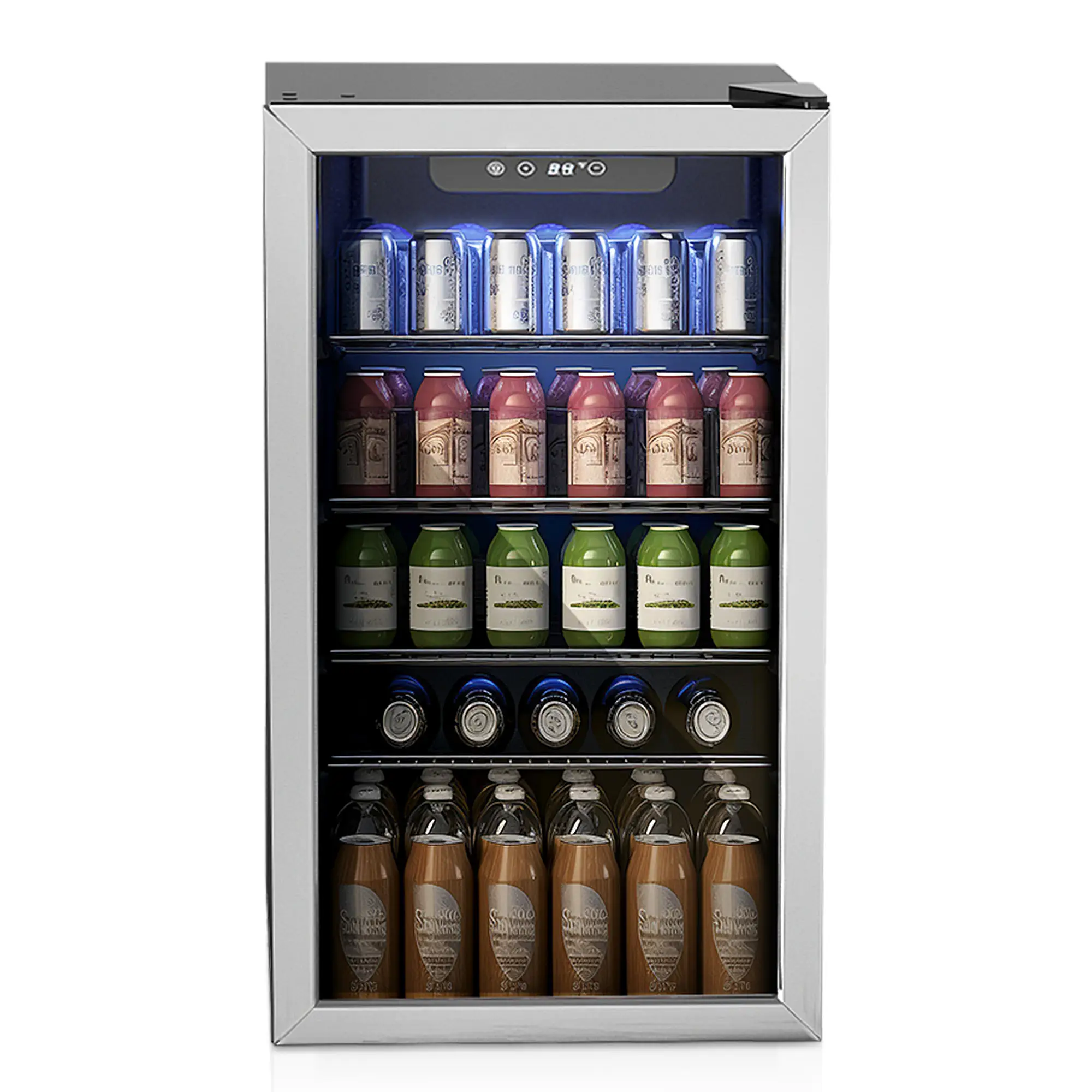 Simzlife 126 Can Beverage Refrigerator and Cooler with Glass Door, Small Fridge, Adjustable Shelves, Silver