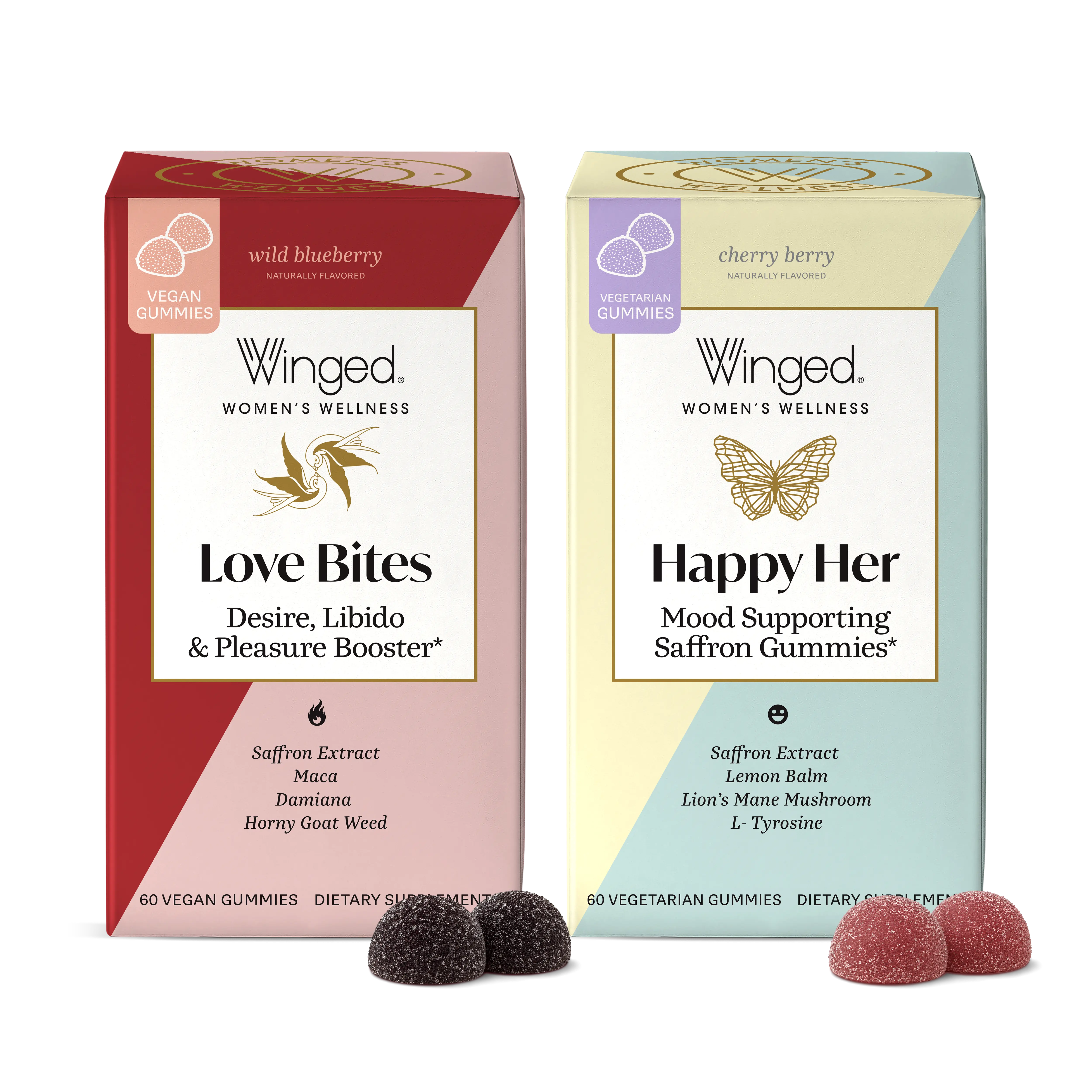 Winged Women's Wellness Love Bites & Happy Her Gummy Bundle - Vegan Mood Support with Saffron Extract, L-Tyrosine, Lion's Mane, Lemon Balm, and Chaste Tree - Cherry Berry Flavor - 1 Bottle of 42 Gummies - Healthcare