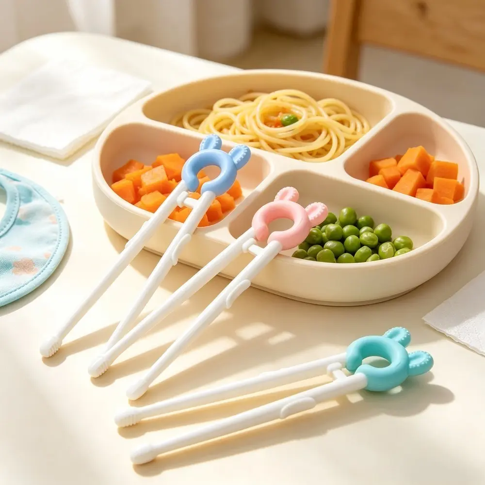 Children's 3-Pair Reusable Training Chopsticks - Cute Rabbit-Shaped, Easy-to-Hold Outdoor Cutlery for Beginner Kids, Camping & Hiking Picnic Mess Kit Accessory, Cute Shape