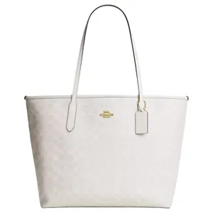 Coach City 33 Classic Monogram Tote Bag for Women, Structured Leatherette Shoulder Bag in Chalk White