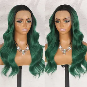 QD-Tizer Ombre Green Long wavy Curly Hair Wigs 13x4 HD Glueless Synthetic Lace Front Wigs For Women Heat Resistant Fiber Wigs 24inches for Party Daliy Christmas Wigs