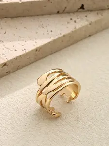 Vintage Gold Open Cuff Ring, Fashion Ring, Adjustable Multi-Layer Striped Wide Band Ring,  Golden Plated Statement Ring for Women, Minimalist Chunky Jewelry Gift