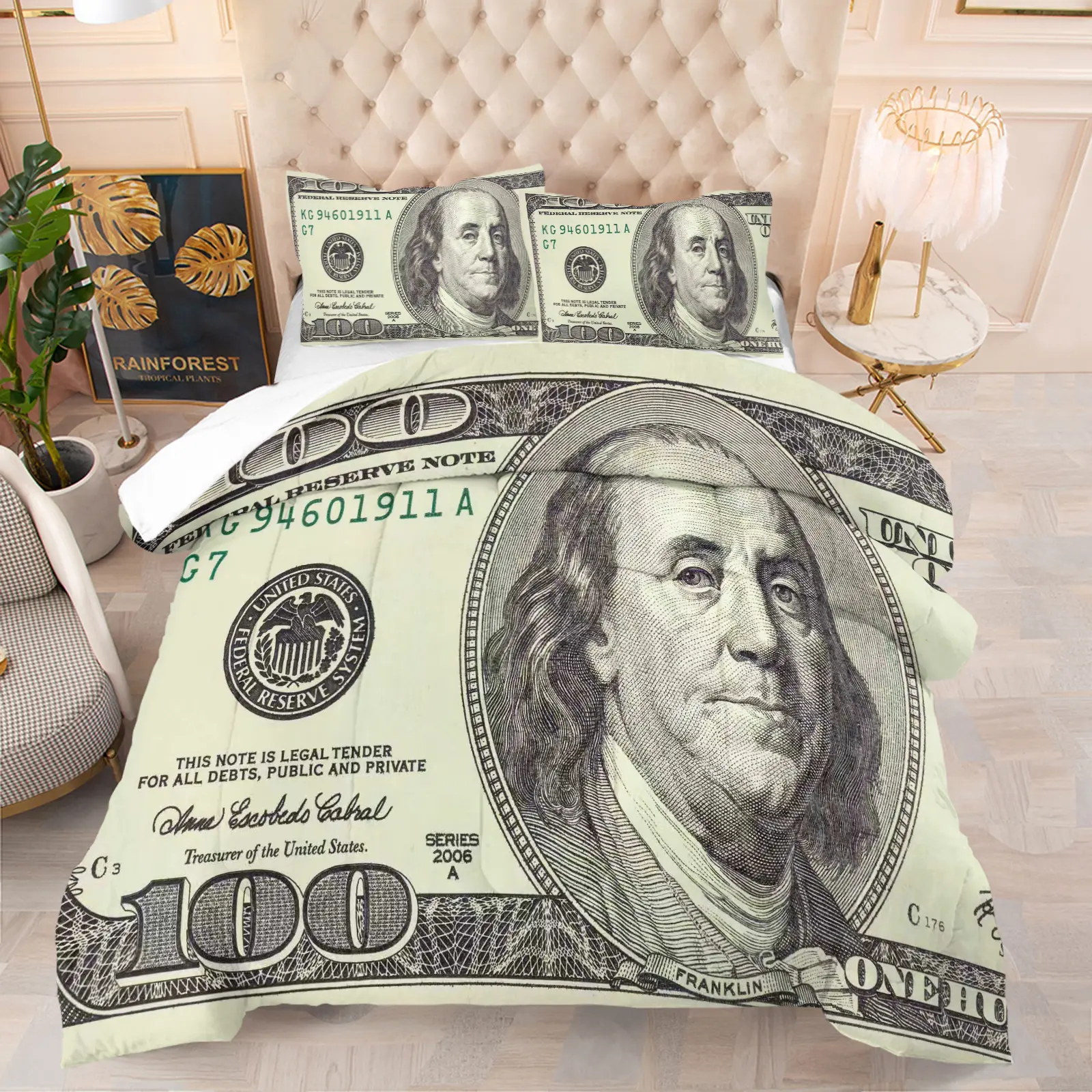 $100 Bill Print Bedding Set — Fun Banknote-Patterned Comforter & Pillowcase Set — Novelty Bedroom Decor: Simple, Stylish, Soft, and Comfortable (Includes 1 Quilt + 1 or 2 Pillowcases)