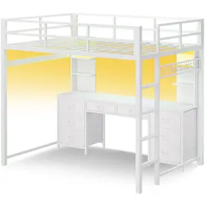 Sikaic Full Size LED Loft Bed Frame with L-Shaped Desk White Modern Ladder Charging Station 8 Fabric Drawers & Storage Shelves
