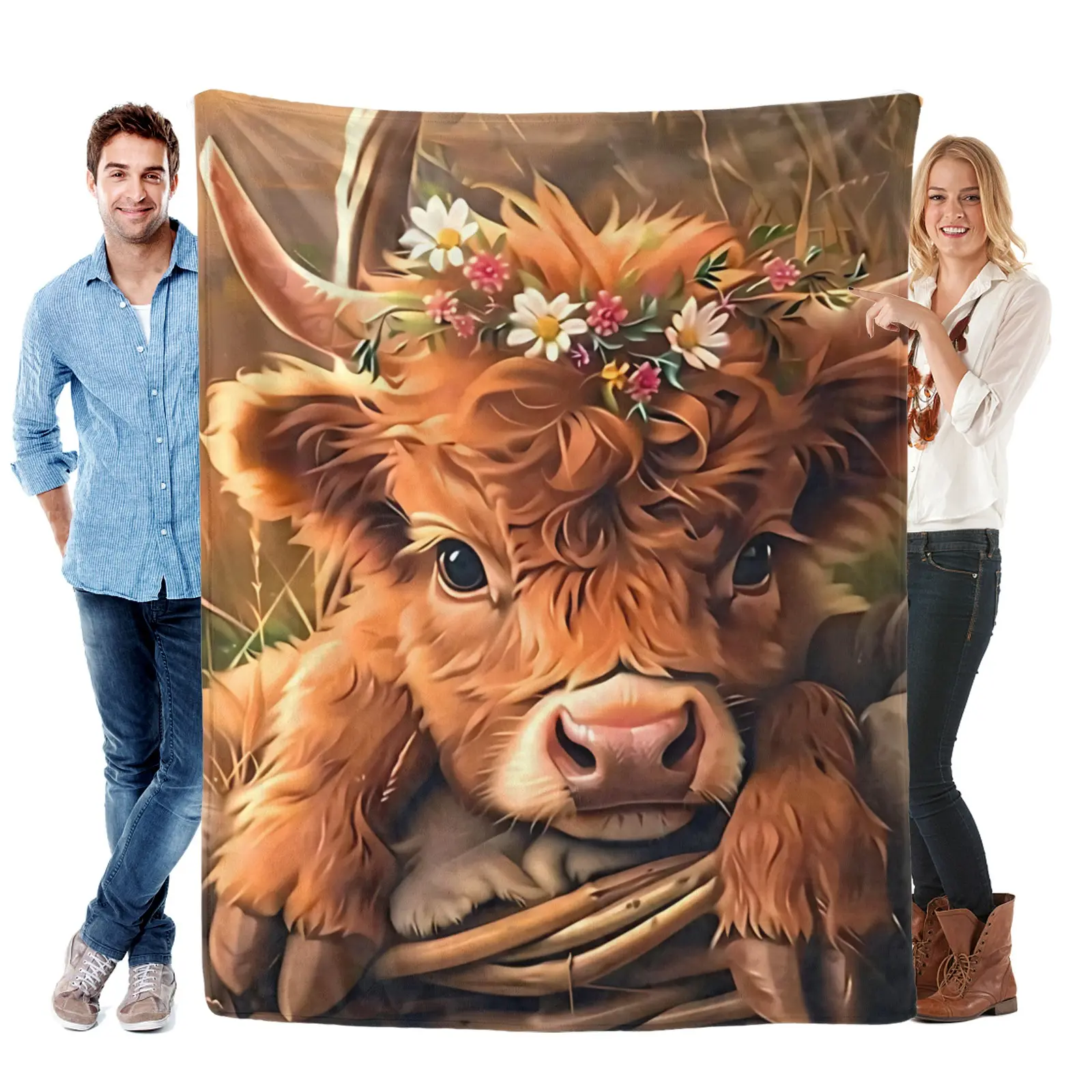 Highland Cow with Flower Crown Blanket, Rustic Farm Animal Design, Ideal for Farmhouse Decor