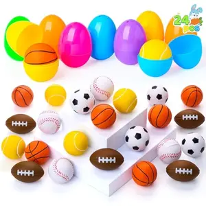 24 Pcs Pre-Filled Easter Eggs with Sports Stress Balls Squishy Toy, Football Basketball Soccer Baseballs Tennis Stress Relief Toy, Easter Egg Hunt, Basket Stuffer Filler, Kids Party Favor