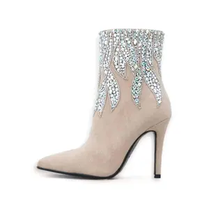Momoo Classic Champagne Suede High-Heel Boot With Crystals