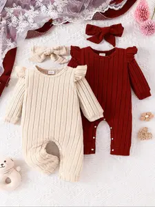 Baby Girl's Solid Long Sleeve Jumpsuits & Accessories 4 Piece Set, Cute Warm Clothes for Infant Toddler Kids, Newborn Baby Girls Gifts, Baby Clothing