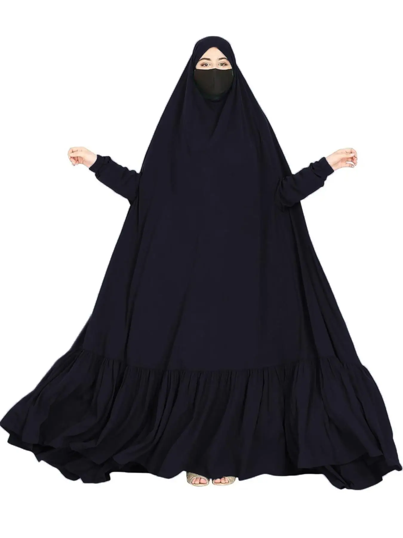 Women's Solid Color Ruffle Trim Batwing Sleeve Hooded Abaya, Modest Plain Long Sleeve Maxi Abayas for Women, Arabic Clothing for Spring & Fall