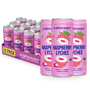 Wildwonder Sparkling Probiotic Drink 12 Pack Raspberry Lychee 12oz Cans Organic Vegan Low Sugar Prebiotic Fiber Live Cultures Beverage