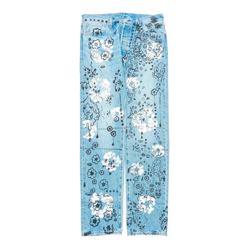 Denim Tears x Irak Levi’s 501 Wreath Logo Jeans Light Wash Vintage Indigo Black