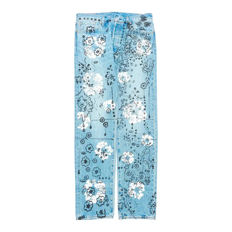 Denim Tears x Irak Levi’s 501 Wreath Logo Jeans Light Wash Vintage Indigo Black