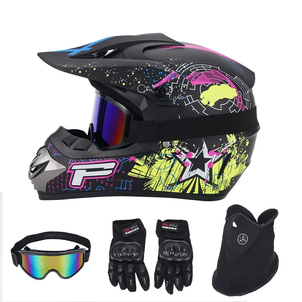 Full Face Dirt Bike Motocross Helmet Set, DOT Off Road Racing MX ATV Dirtbike Helmet, Durable Windproof Anti-Fog Goggles, Non-Slip Riding Gloves & Breathable Face Mask for Dirt Bike, Trail, Enduro, Offroad Motorcycle Outdoor Riding Ventilation System Wind