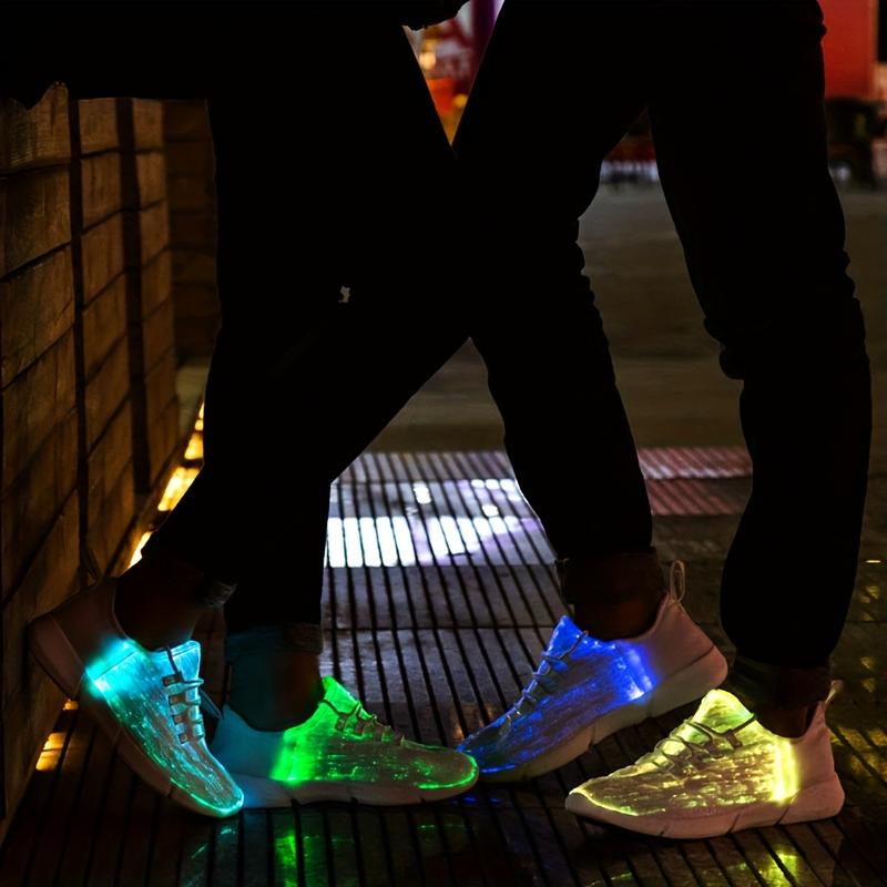 Men's and women's fashionable sports shoes with colorful flashing lights, rechargeable and breathable, suitable for parties, outdoor sports, weddings and daily wear, casual shoes, lace-up style, modern shoes colorful shoelace