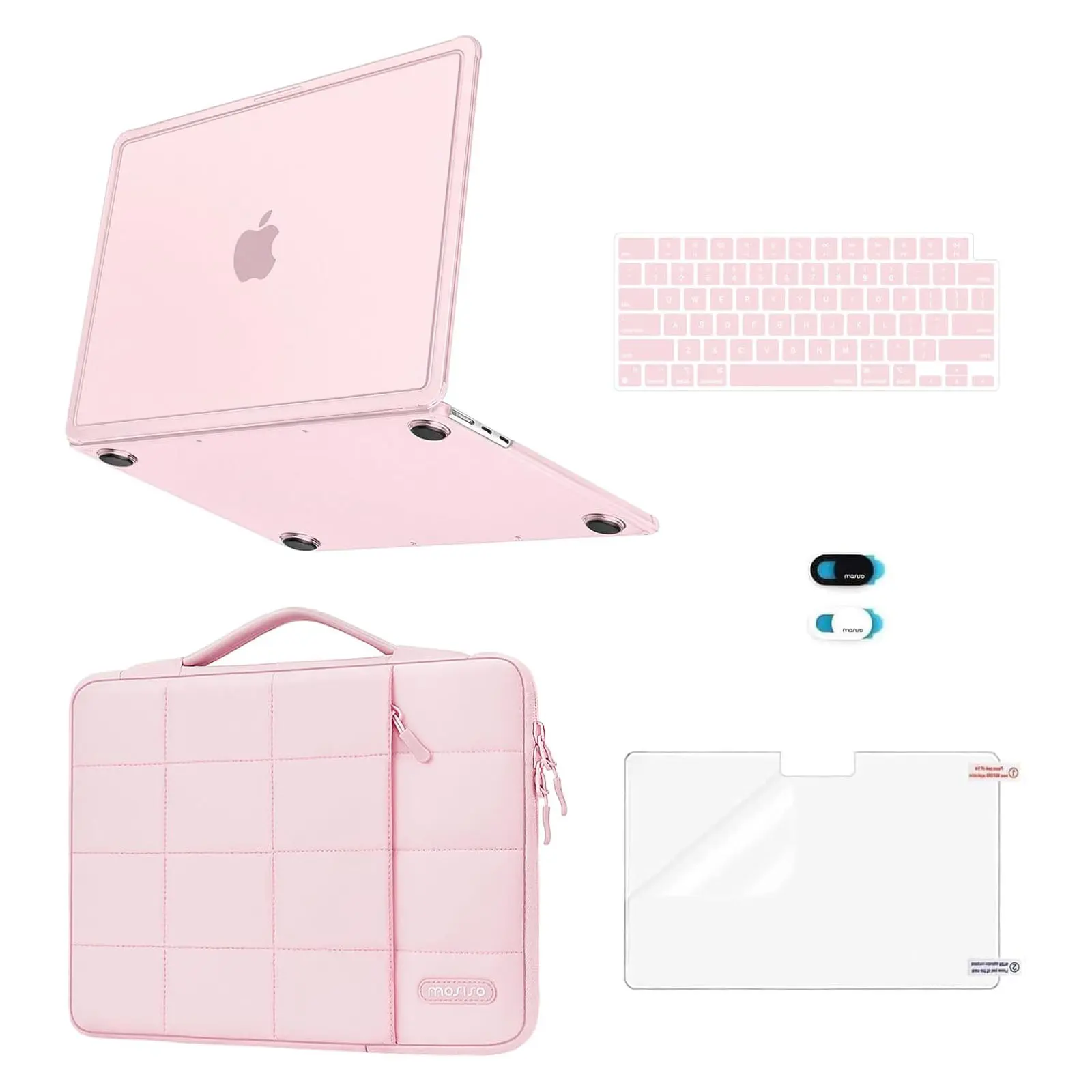 MOSISO MacBook Air 13 Inch Case, Hard Shell Laptop Cover Compatible with M5 M4 M3 M2 MacBook Air 13.6, Protective Case Bundle with Keyboard Cover, Screen Protector & Puffy Laptop Bag, Pink