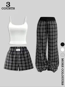 Women's Strapless Sleepwear Loungewear Pajama Set with Plaid Shorts and Pants, Fashionable Versatile Style, Suitable for All Seasons Pjs