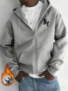Hoodie with zippered brim featuring New York-themed pattern, suitable for casual style, men's wear, stylish and versatile, includes warm lining, ideal for autumn and winter.