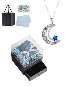 Moon Heart Blue Star · Fantasy Unique moon zircon necklace with simple, luxury sparkling pendant.Comes with an eco-friendly moss teddy bear jewelry gift box.Ideal gift for birthdays, Mother's Day, Valentine's Day and all festivals.