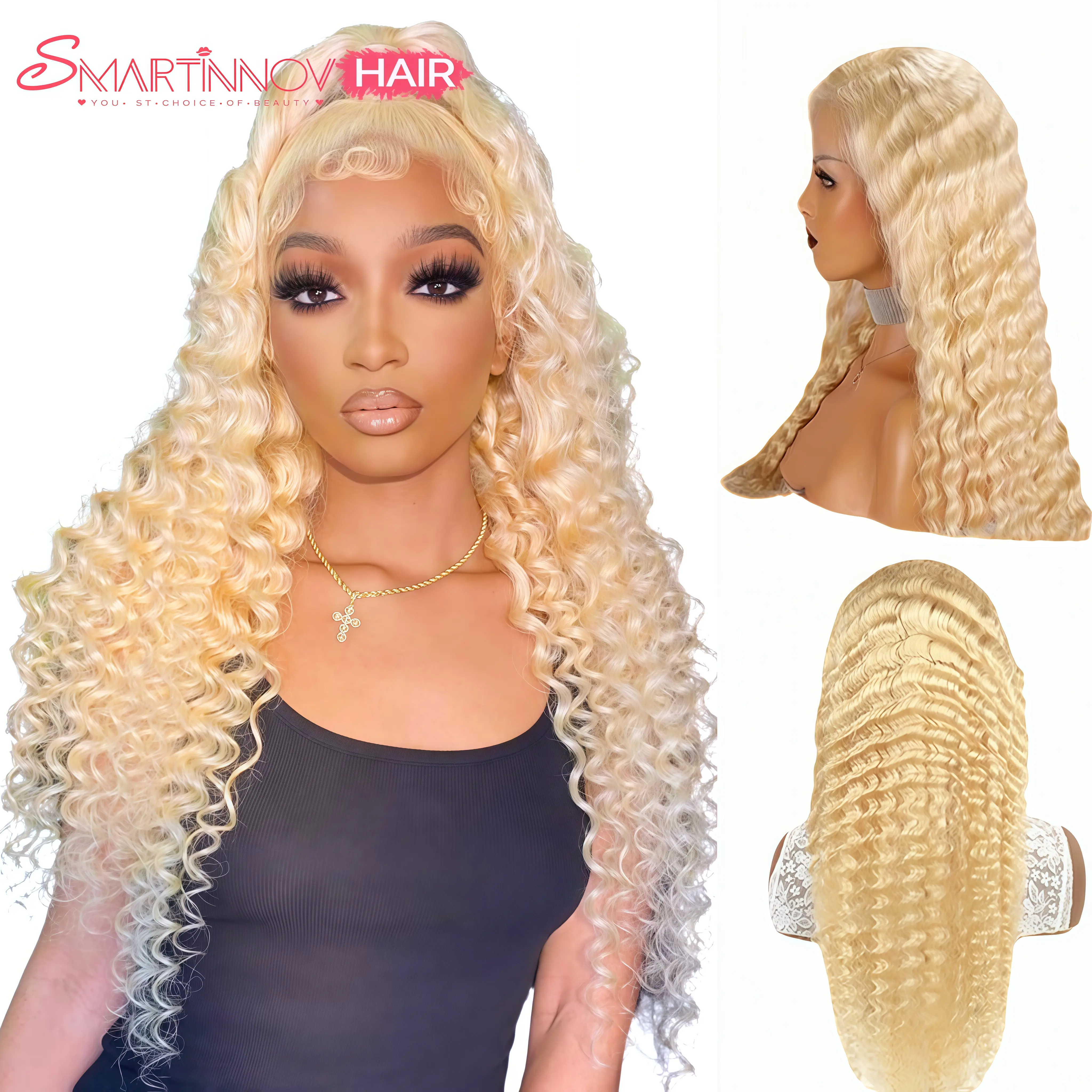 【Brand new version 100% Human Hair】Blonde Deep Wave High-Quality,  Shedding-Free Wig ,Lace Front Wig, 13x6 HD Transparent Lace, 200% Density Human Hair, Silky Curly Wig for Women, Party Essential Wig