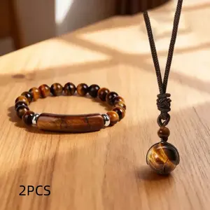 2pcs Natural Stone Necklace Bracelet Set Men Women Adjustable Woven Cord Tiger Eye Stone Obsidian Jewelry Set Holiday Valentine's Day Birthday Gift