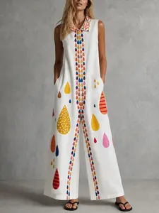 Turtleneck Patchwork Print Romper Jumpsuit, Sleeveless Loose Straight Leg Colorblock Pocket Design, Stylish, Chic and Comfortable One-Piece for Daily Wear Womenswear