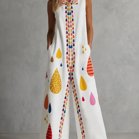 Turtleneck Patchwork Print Jumpsuit, Sleeveless Loose Straight Leg Colorblock Pocket Design, Stylish, Chic and Comfortable One-Piece for Daily Wear Womenswear Jumpsuits with Pockets