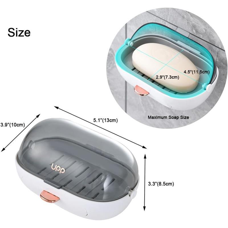 2 Pack Shower Soap Dish Holder with Lid, Bar Soap Holder with Drain, Wall Mounted Soap Box Container for Shower, Bathroom, Bathtub, Kitchen Sink, Adhesive Included