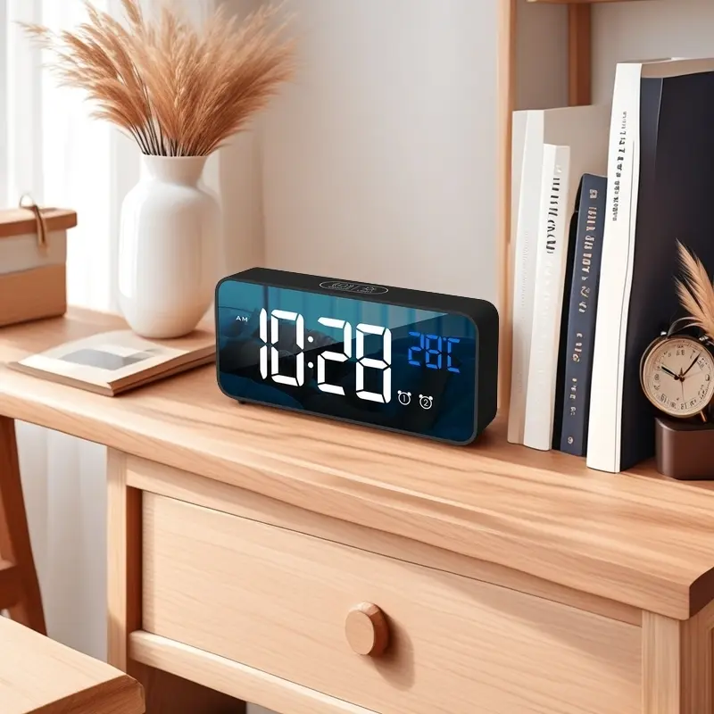 Rechargeable Digital Multifunctional Alarm Clock Voice Control Temperature Dual Alarm Auto Dimmable Snooze Table Clock, Desk Alarm Clock with 1200mAh Battery Power Switch 12/24H Music LED Clock for Home Or Office Decor Digital Clocks