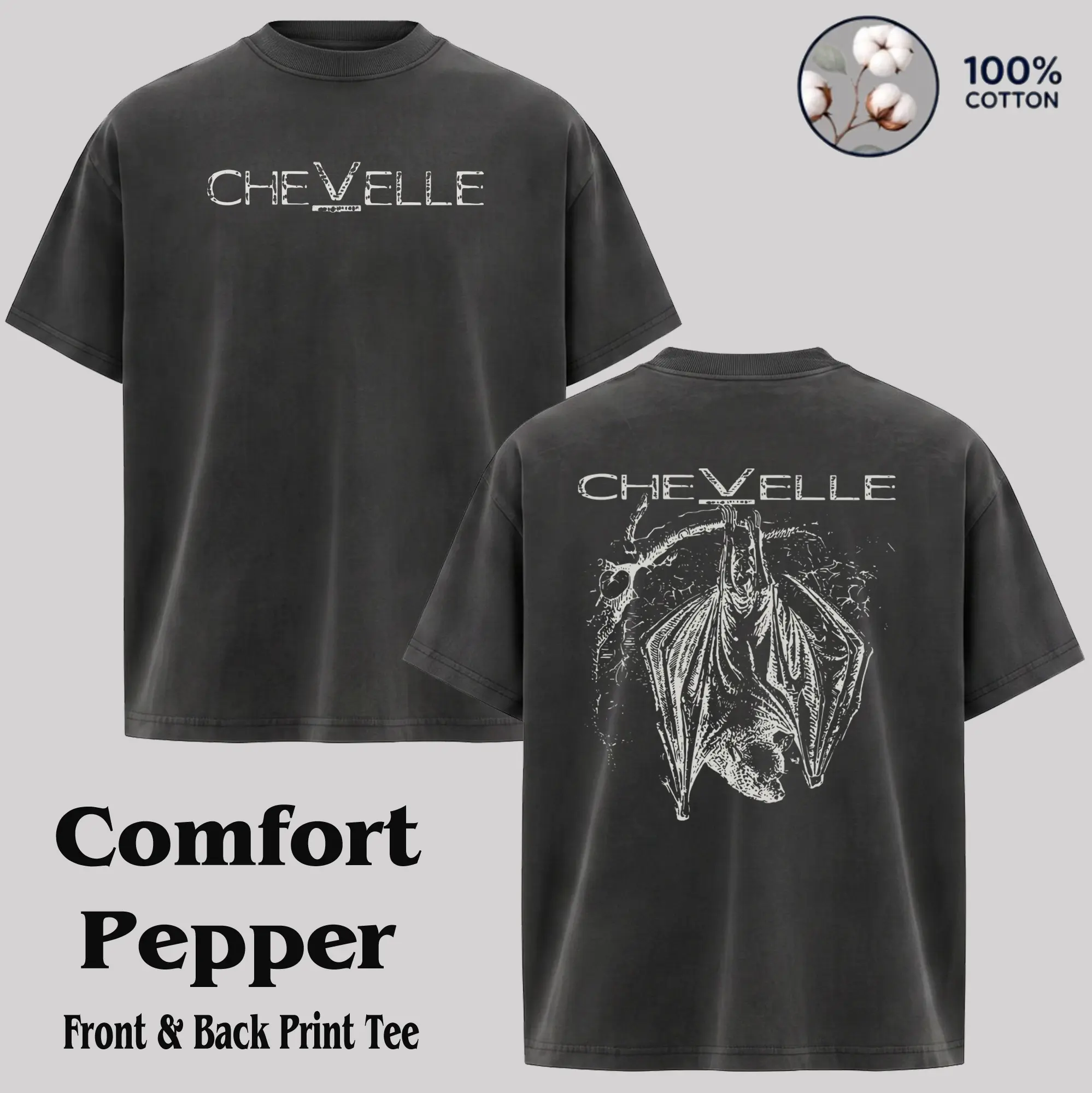 Chevelle Vintage Bat Graphic Washed Tee,Dark Bat Acid Wash T-Shirt – Y2K Emo Streetwear Tee, unisex casual wear Menswear Top Crewneck Shortsleeve Hoodie Breathable Round Neck