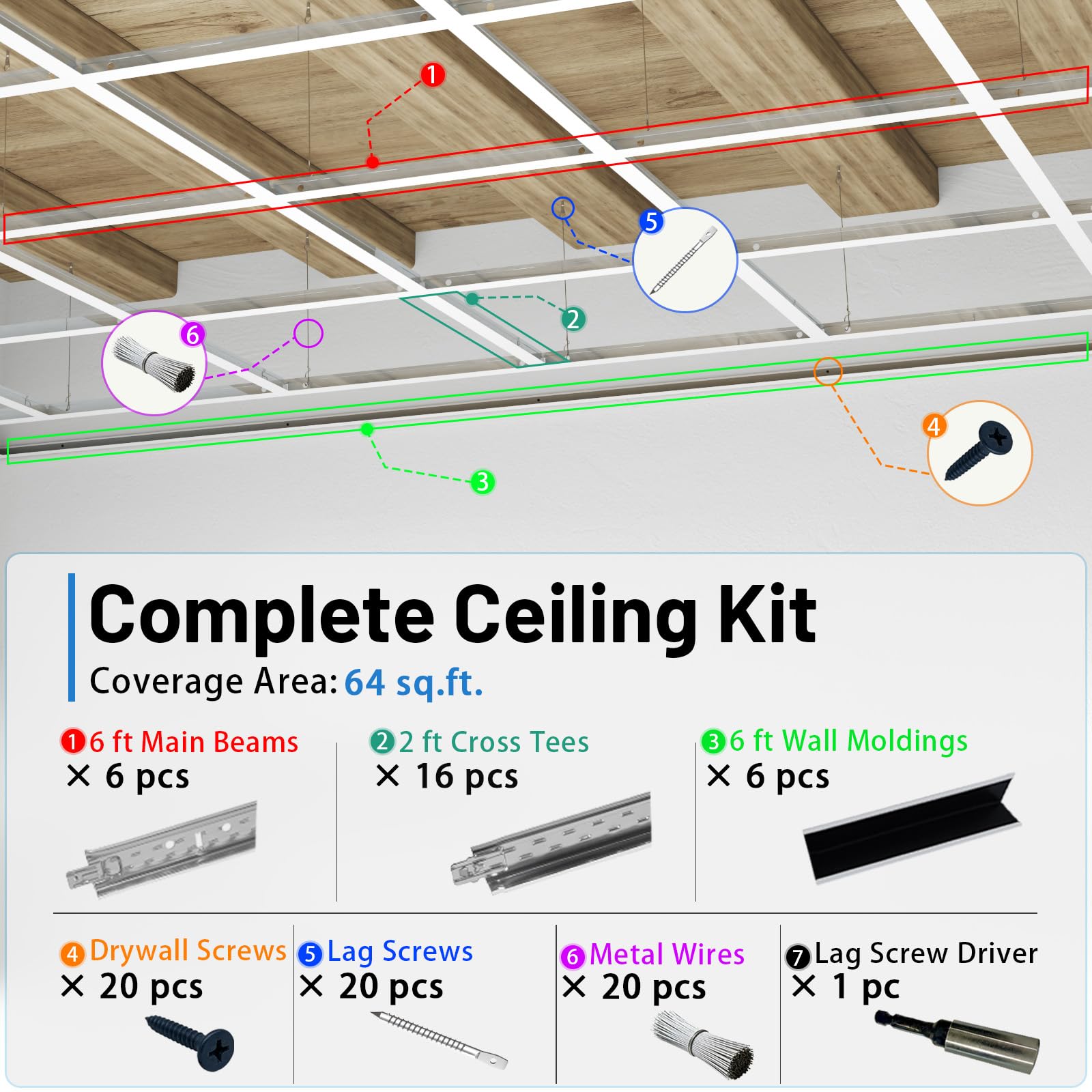 Drop Ceiling Grid System，Complete Set White Galvanized Steel Grid Kit Rust & Fire Resistance Easy Installation for Basement Living Room Kitchen Bathroom Cover 64 Sq.Ft