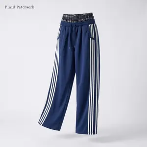2026New Fashion Trends Double Waist Plaid Patchwork SweatPants Baggy Wide Leg Sweatpants for Men and Women Loose Long Pants with Pockets Casual Womenswear Casual Bottoms