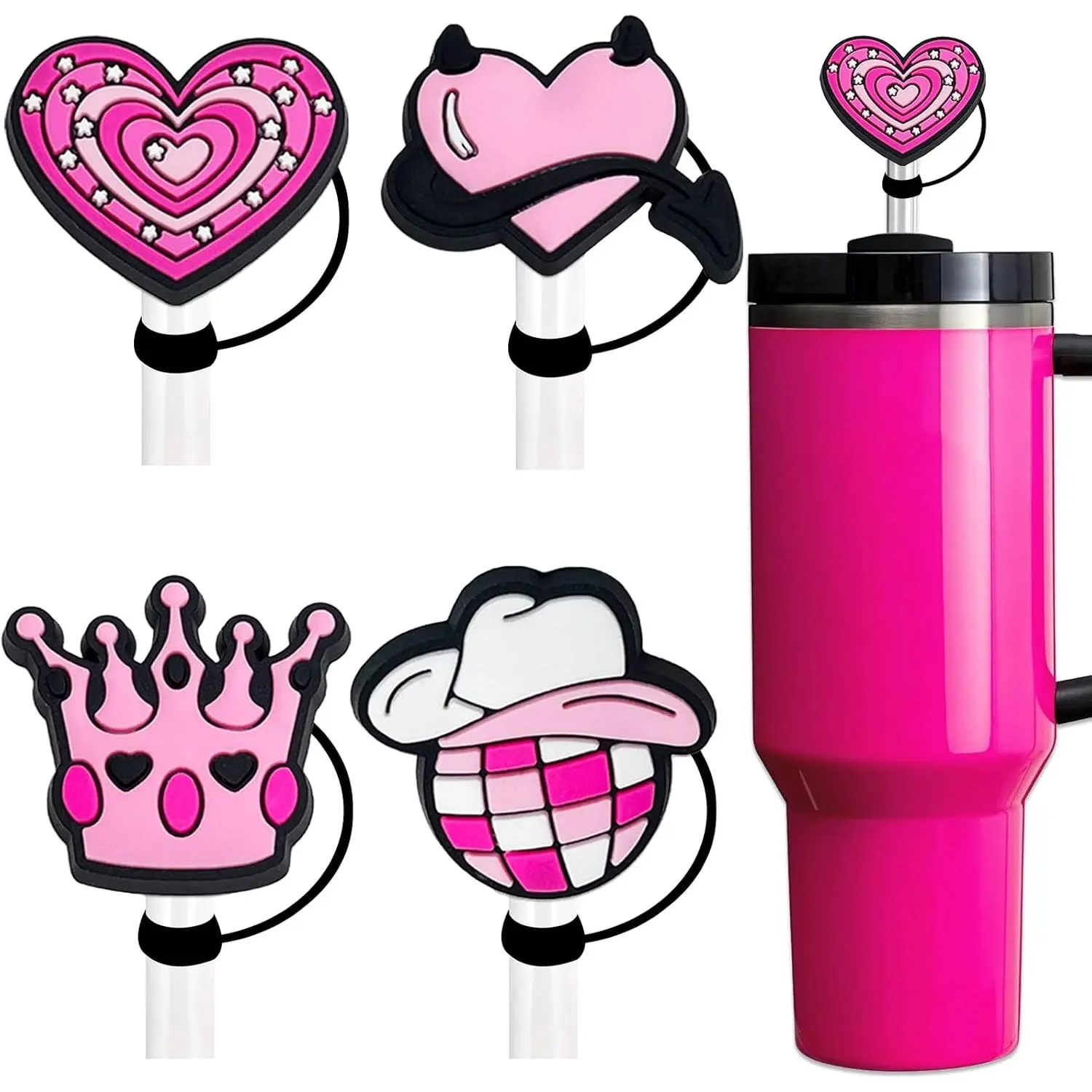 Hot Pink Straw Cover  Heart Toppers for Stanley 30 40 Oz Tumblers Cute Cap Yeti Cup Silicone Accessories