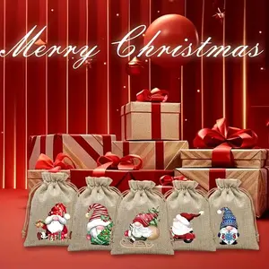 Christmas Burlap Drawstring Gift Bags 24pcs, 12 Cartoon Patterns, Reusable Linen Pouches, Perfect for Holiday Party Supplies & Gifts