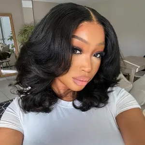 16 Inch Body Wave Bob Wig Human Hair 13x4 HD Lace Frontal Bob Wigs Human Hair Free Part 180% Density Loose Wavy Bob Lace Front Wigs Human Hair for Black Women Glueless Natural Black