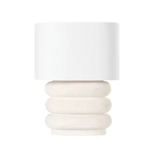 Ewing Table Lamp with Sculptural Stacked Ring Base and White Linen Oval Shade in Weathered Ivory