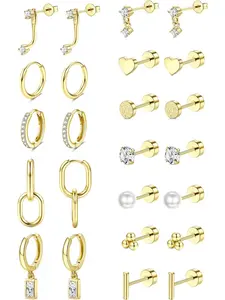 Hypoallergenic Flat Back Earrings for Women - 14K Gold Plated Stainless Steel Earring Stacks Set Small Dangle Stud Hoops Cartilage Tragus Helix Piercing Jewelry 12Pairs Earring Stacking Set Heart Shaped Earrings