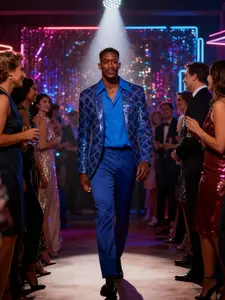 Men's Sequined Suit Jacket Blue Long Sleeve for Autumn Winter Parties Christmas Gift Elegant Sparkle Design