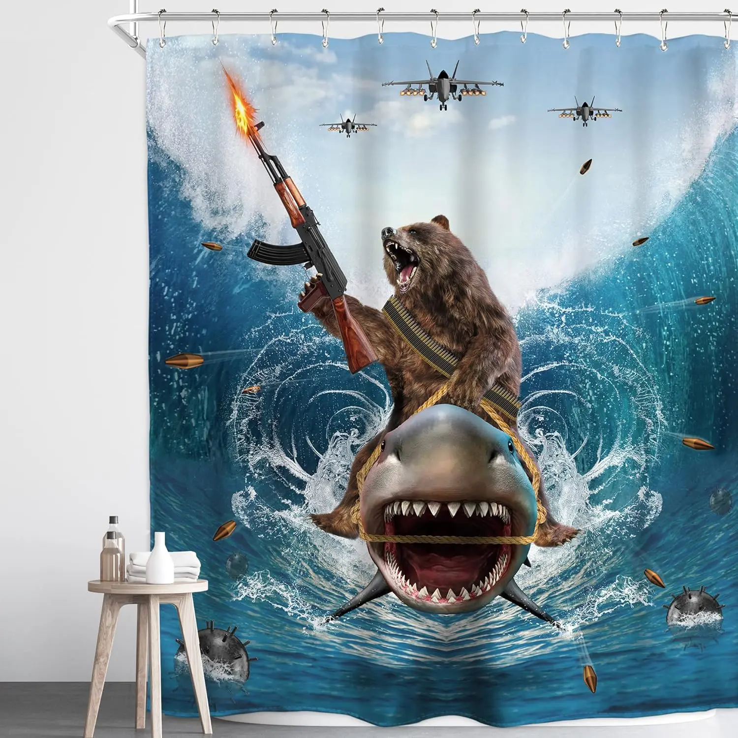 Funny Cool Humor Shower Curtain for Men Adults Ocean Summer Shark Bear Riding Surfing Animal Beach Blue Waves 60Wx72H Inch Boys Waterproof Polyester Fabric Bathroom Bathtub
