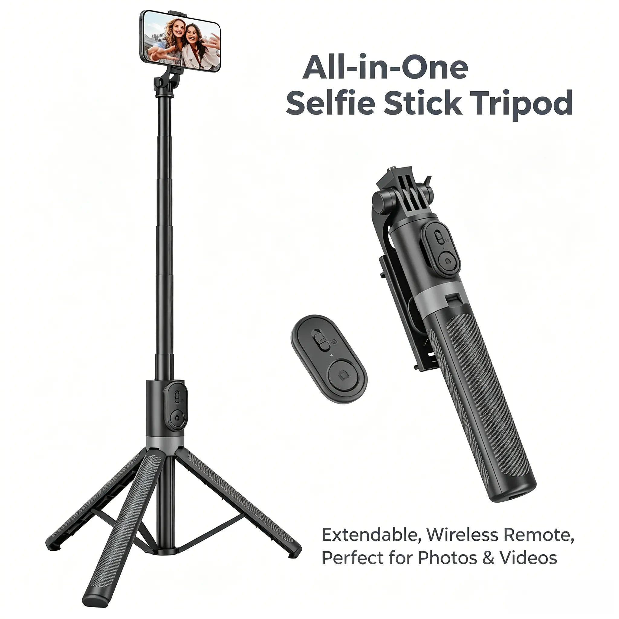 New 6-in-1 selfie stick with fill light, phone tripod and wireless remote shutter, Bluetooth camera and video recording remote, music control, compatible with iPhone, iPad, iOS, Android