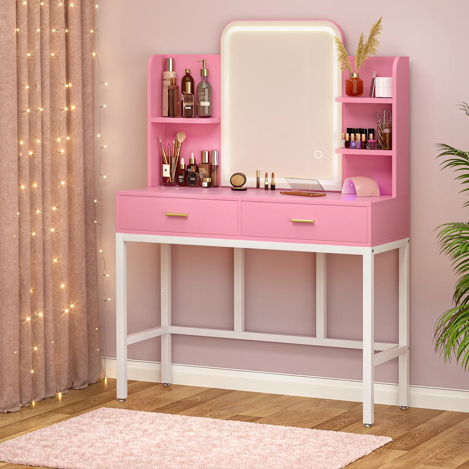 Armocity Vanity Desk Makeup Vanity Desk with Mirror LED Light Makeup Vanity Table with 2 Storage Drawers and Open Shelves