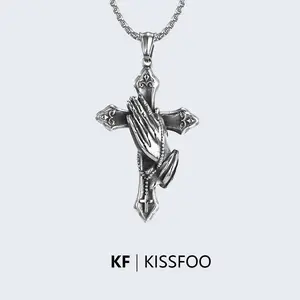 KISSFOO Stainless Steel Praying Hands Cross Necklace Prayer Accessories for Men and Women