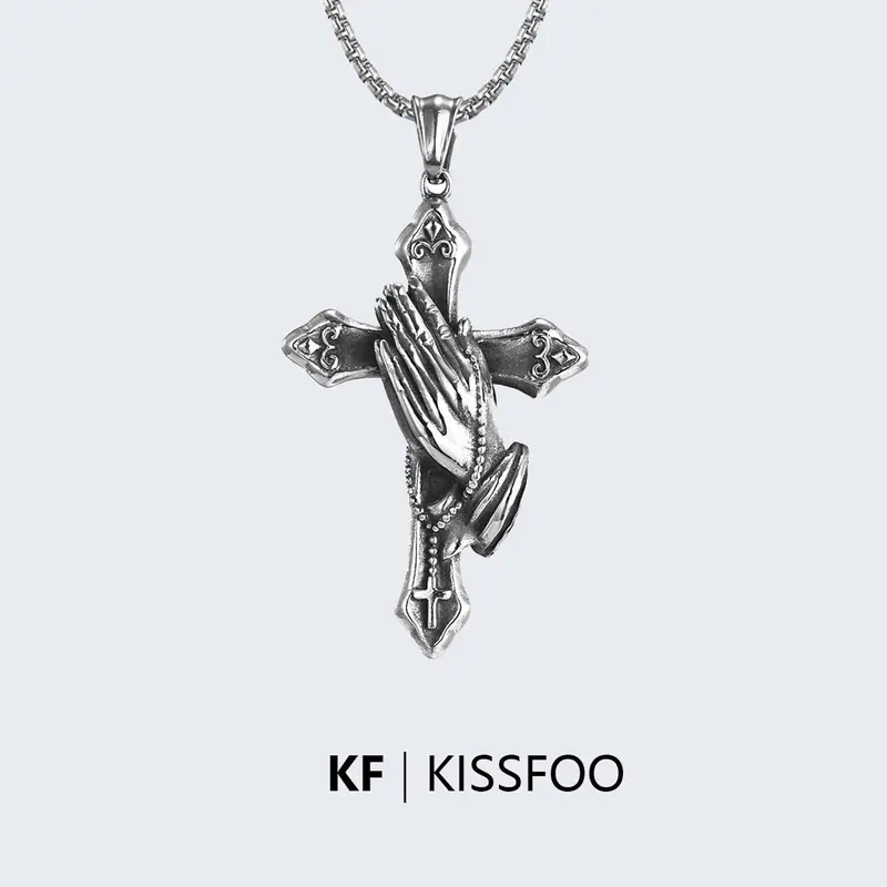 KISSFOO Stainless Steel Crown Cross Necklace for Men and Women