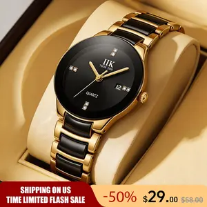 Ladies' Fashion Two-Tone Wristwatch – Black Dial with Crystal Markers, Date Window, Premium Stainless Steel Band, Sophisticated Quartz Watch for Everyday Elegance