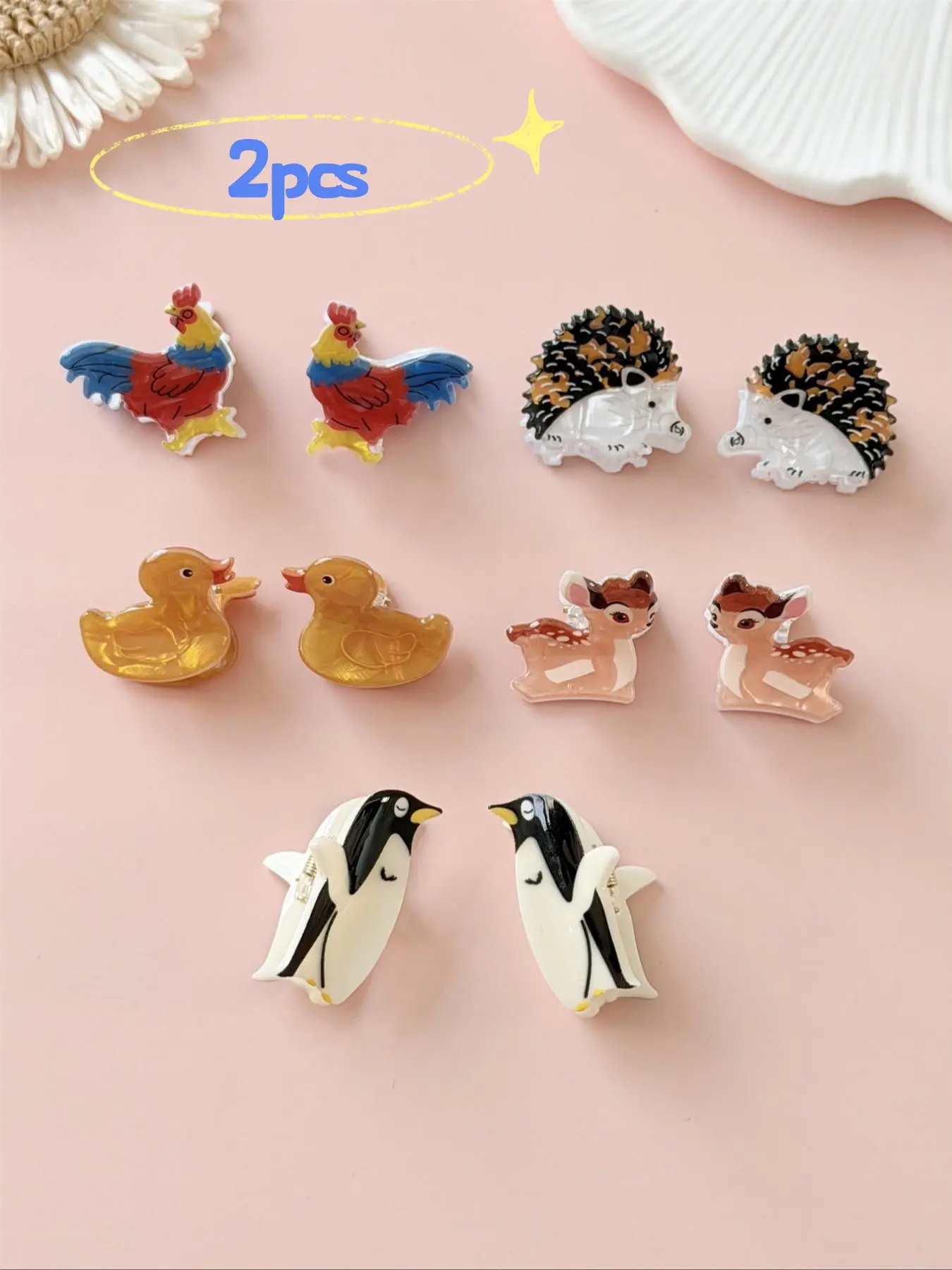 2pcs Cute Ocean Animal Hair Clips Barrettes, Super Cute Fun Hair Clips, Realistic Rooster Hedgehog Duck Deer Penguin Small Claw Clips, Princess Headwear for Beach Vacation Hair Claws