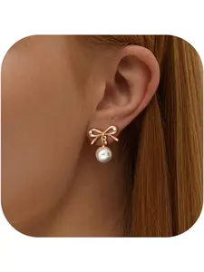Pearl Clip on Earrings for Women, Lightweight Bow Heart Cz Dangle Earrings, Statement Clip on Hoop Jewelry for Bridal and Weddings, Heart Shaped Earrings