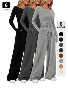 2026 Spring Women's 2-Piece Minimalist Loungewear Set, Asymmetrical Long Sleeve T-Shirt & Wide-Leg Pants, Casual Everyday Loose-Fit Tracksuit for All Seasons, Womenswear