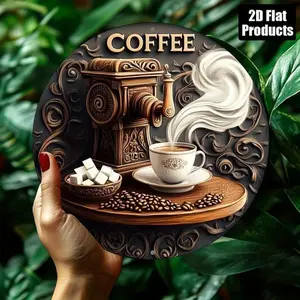 2D Flat, 1pc Classic Aluminum Coffee-Themed Round Wall Decor Sign, 8x8 Inch - Vintage Espresso Machine & Cup Design for Kitchen, Home, Office, Party Decor, Holiday Gift, Espresso Bar, Best for Christmas, Perfect for Thanksgiving Minimalist