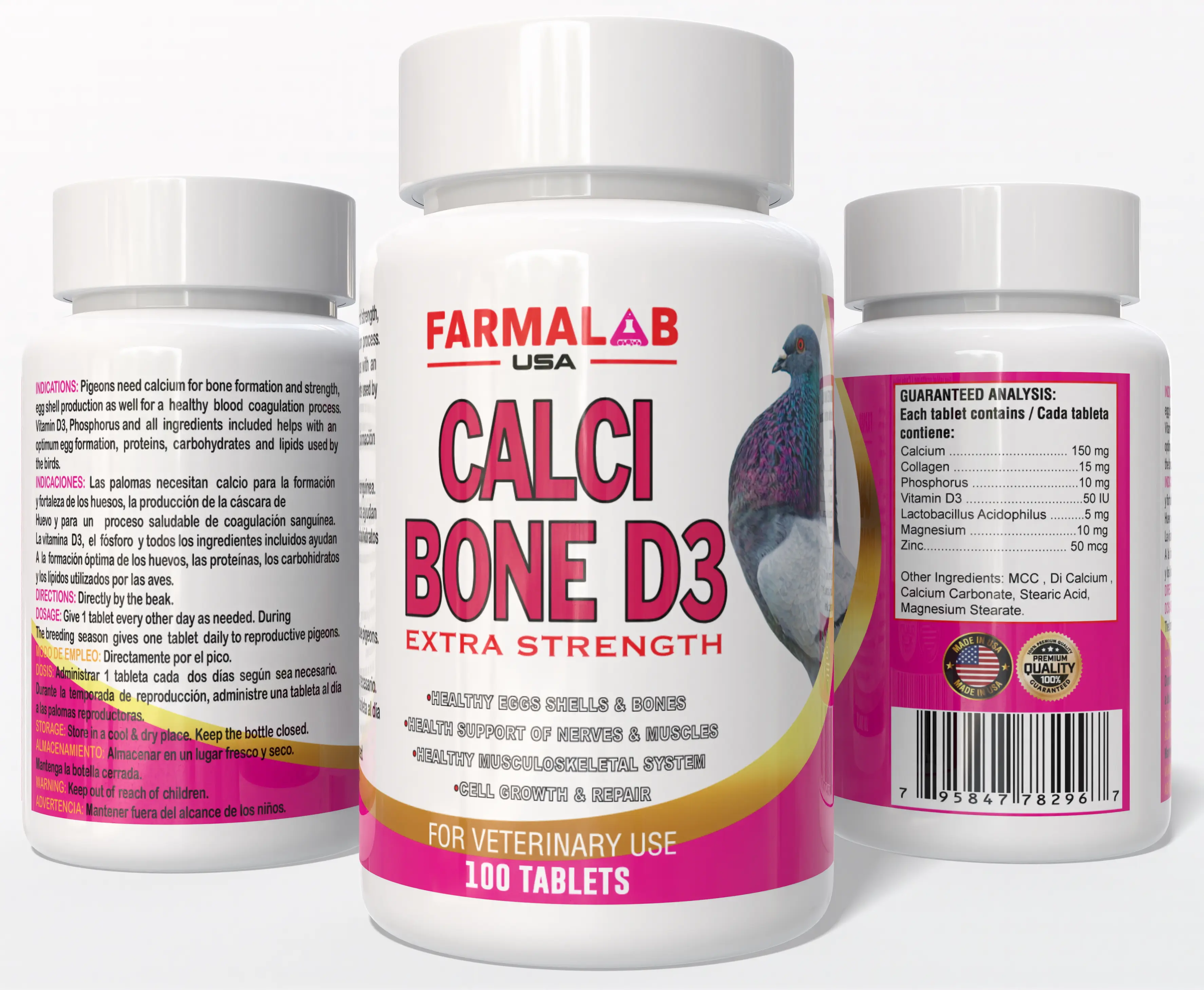 Farmalab Extra Strength Dietary Calcium Supplement for Pigeons, 100 Tablets (150mg Calcium/Tablet) with Vitamin D3, Collagen & Lactobacillus Acidophilus, Supports Healthy Strong Bones, Egg Shells, Bone Formation, Muscle & Nerve Health, Bird Healthcare Aid